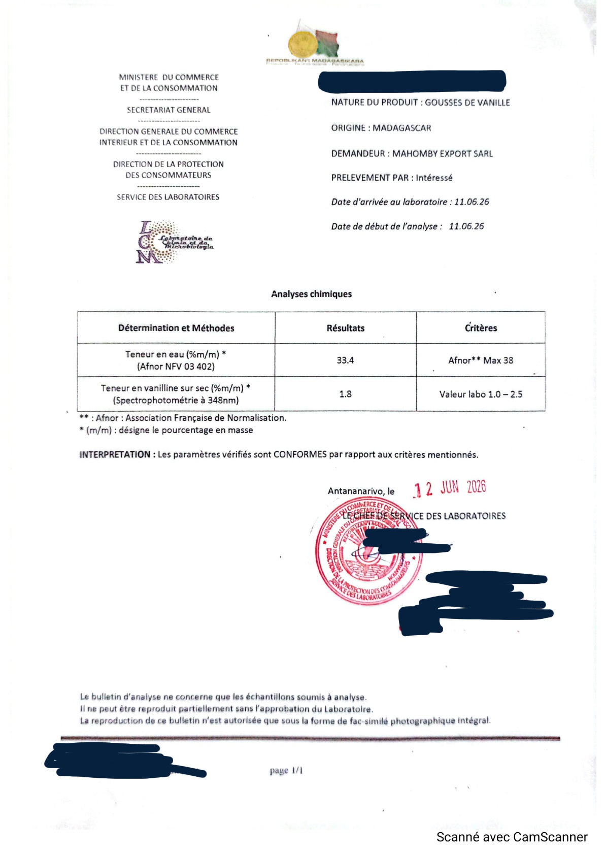 Certificat phytosanitaire DPV Madagascar - Vanille Bourbon Mahomby Export vers France